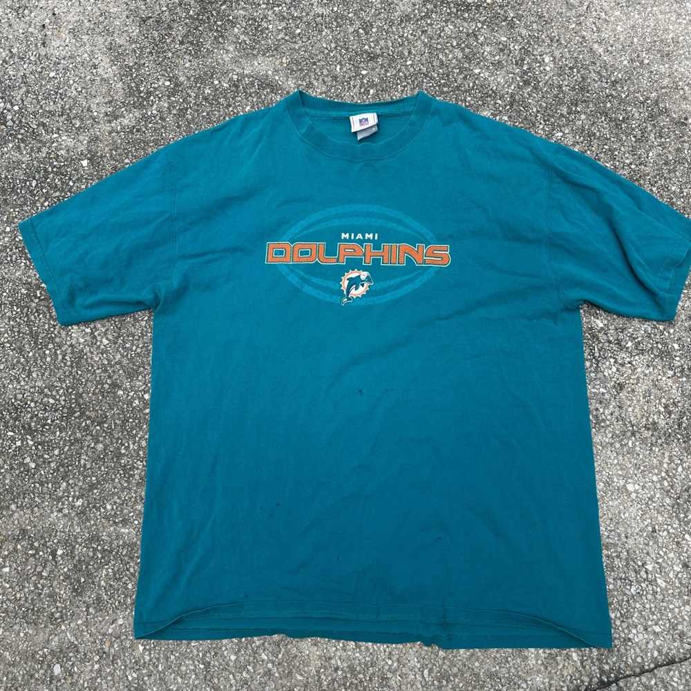 Vintage NFL Miami Dolphins Graphic T-Shirt Teal Distressed Mens XL